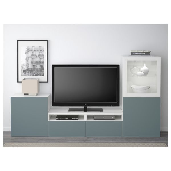 Шкаф для ТВ, комбинированный, стекляные дверцы БЕСТО, белый, Вальвикен серо-бирюзовый, прозрачное стекло (240x40x128 см) - схема-чертеж с размерами