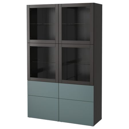 Комбинация для хранения со стеклянными дверцами БЕСТО, черно-коричневый, Вальвикен серо-бирюзовый, прозрачное стекло (120x40x192