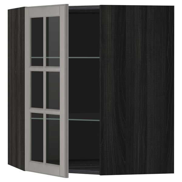 Угловой навесной шкаф с полками, стекляными дверцами МЕТОД, черный, Будбин серый - схема-чертеж с размерами