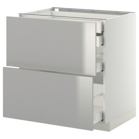 Напольный шкаф 2 фронтальные панели, 2 нижних, 1 средний, 1 высокий ящик МЕТОД / МАКСИМЕРА, белый, Гревста нержавеющ сталь