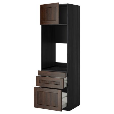 Высокий шкаф для двойной духовки, 3 ящика, дверца МЕТОД / МАКСИМЕРА, черный, Эдсерум коричневый