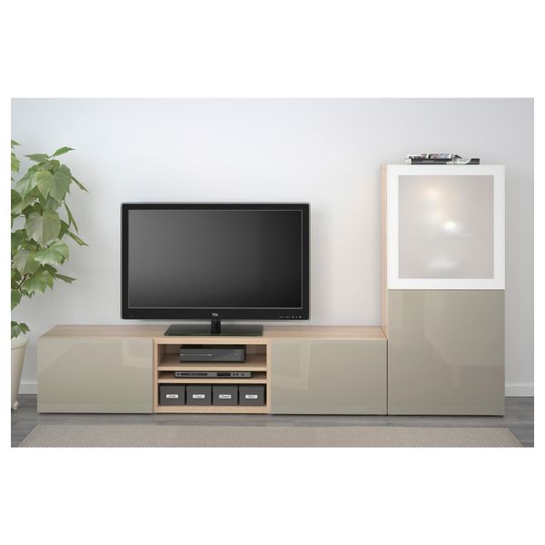 Шкаф для ТВ, комбинированный, стекляные дверцы БЕСТО, под беленый дуб, Сельсвикен глянцевый/бежевый матовое стекло (240x40x128 - фото 2