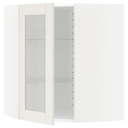Угловой навесной шкаф с полками, стекляными дверцами МЕТОД, белый, Сэведаль белый