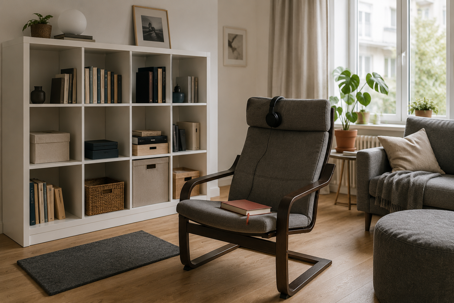Стеллаж KALLAX и кресло POÄNG в светлой гостиной — бестселлеры IKEA на летней распродаже