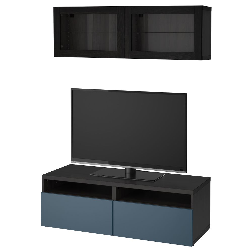 Шкаф для ТВ, комбинированный, стекляные дверцы БЕСТО, черно-коричневый Вальвикен, темно-синий прозрачное стекло (120x20/40x166 - фото 1