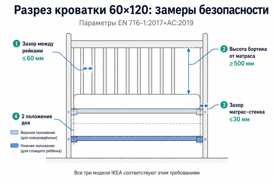 Схема разреза детской кроватки с указанием зазора между рейками 60 мм и глубины матраса по стандарту EN 716-1