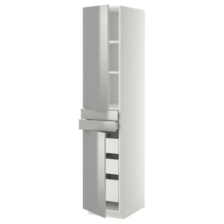 Высокий шкаф + полки, 5 ящиков, 2 дверцы, 2 фронтальных МЕТОД / МАКСИМЕРА, белый, Гревста нержавеющ сталь