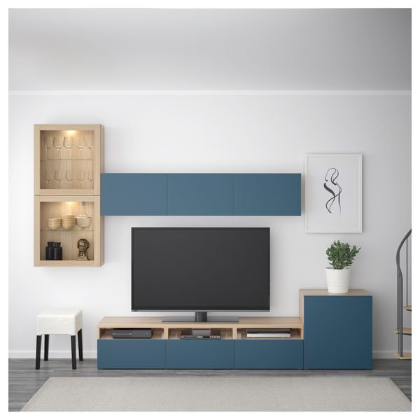 Шкаф для ТВ, комбинированный, стекляные дверцы БЕСТО, под беленый дуб Вальвикен, темно-синий прозрачное стекло - фото 3