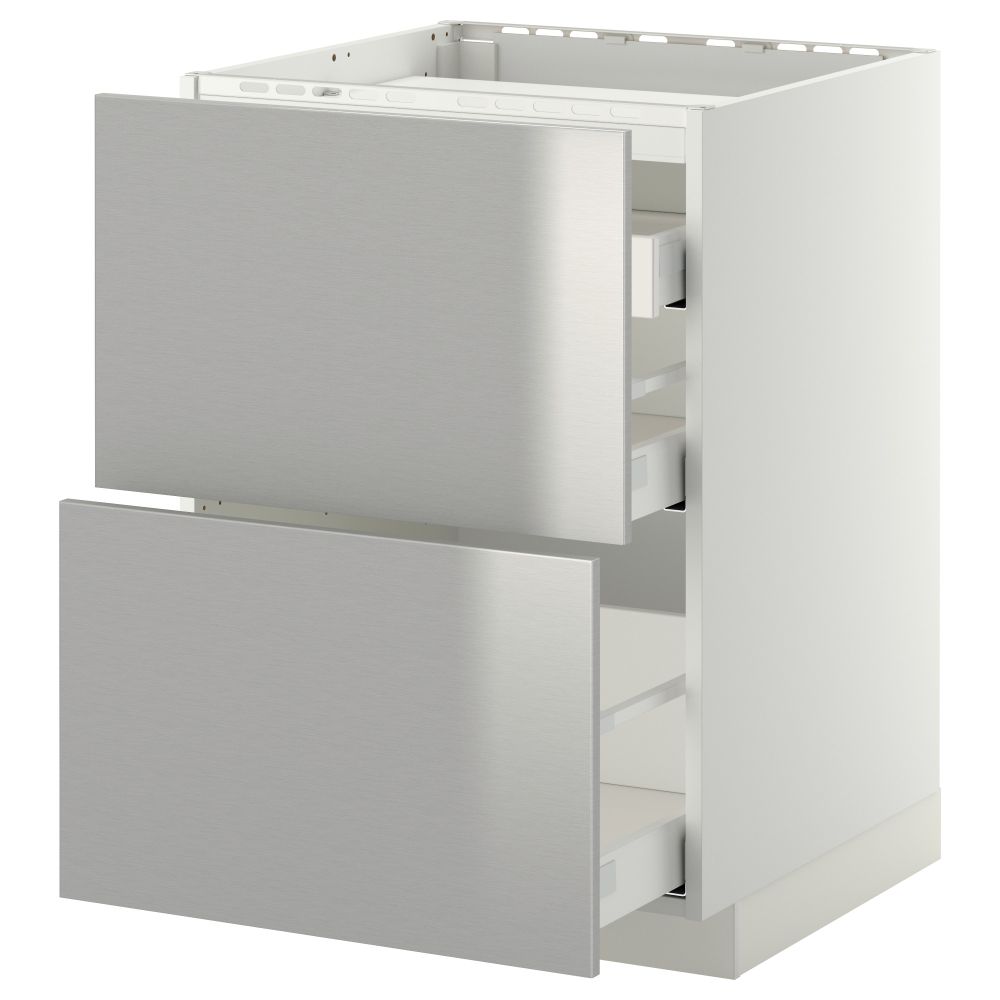 Напольный шкаф, 2 фронтальных панели, 3 ящика МЕТОД / МАКСИМЕРА, белый, Гревста нержавеющ сталь - схема-чертеж с размерами
