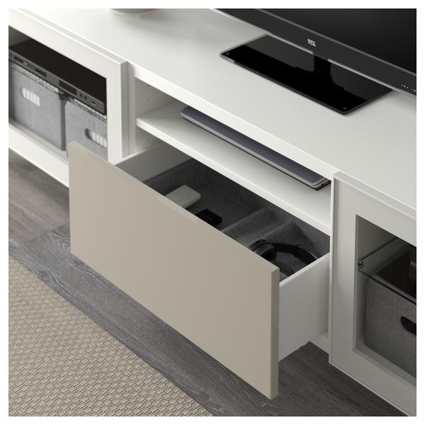 Тумба под ТВ БЕСТО, белый, Сельсвикен глянцевый/бежевый прозрачное стекло (180x40x48 см) - фото 3