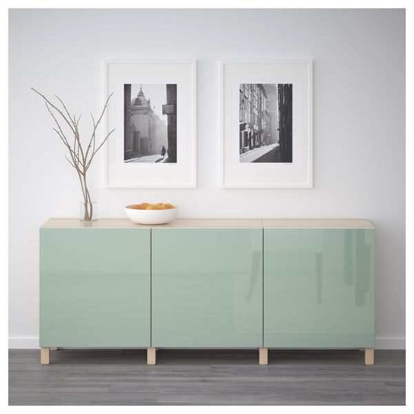 Комбинация для хранения с дверцами БЕСТО, под беленый дуб, Сельсвикен глянцевый/серо-зеленый светлый (180x40x74 см) - фото 2