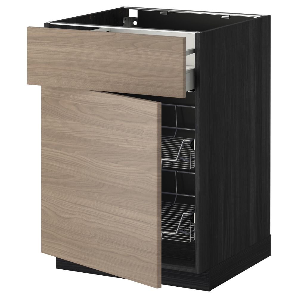 Напольный шкаф с проволочной корзиной, ящиком, дверью МЕТОД / МАКСИМЕРА, черный, Брокхульт светло-серый - схема-чертеж с размерами