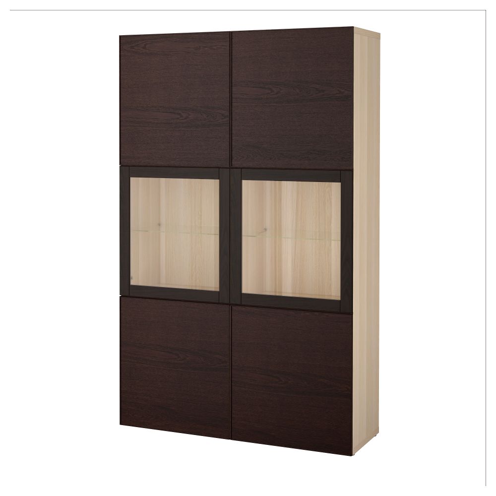Комбинация для хранения со стеклянными дверцами БЕСТО, под беленый дуб, Инвикен черно-коричневый прозрачное стекло (120x40x192 - фото 1