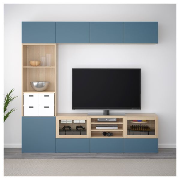 Шкаф для ТВ, комбинированный, стекляные дверцы БЕСТО, под беленый дуб Вальвикен, темно-синий прозрачное стекло - фото 3