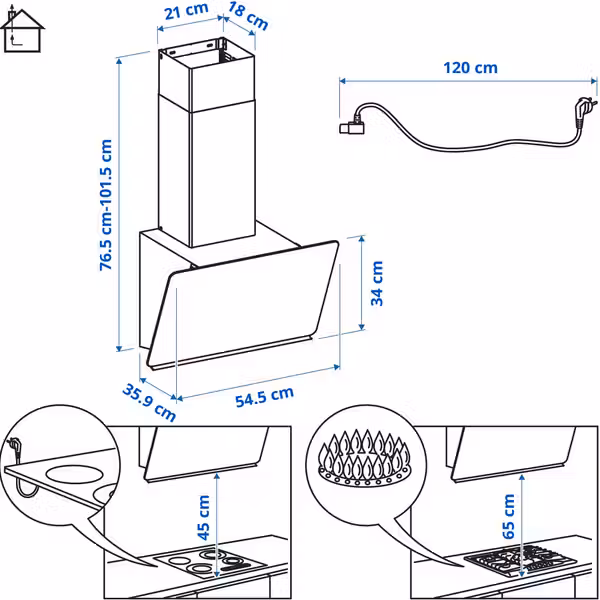 STACKBO СТАККБО Вытяжка кухонная стен креп (колпак) - ИКЕА 300 чёрный 55 см - схема-чертеж с размерами