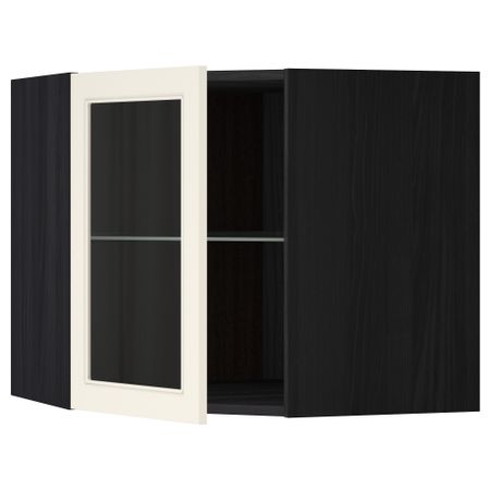Угловой навесной шкаф с полками, стекляными дверцами МЕТОД, черный, Хитарп белый с оттенком