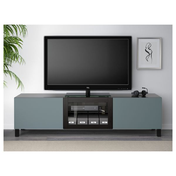 Тумба под ТВ с ящиками и дверцей БЕСТО, черно-коричневый, Вальвикен серо-бирюзовый, прозрачное стекло (180x40x48 см) - фото 2