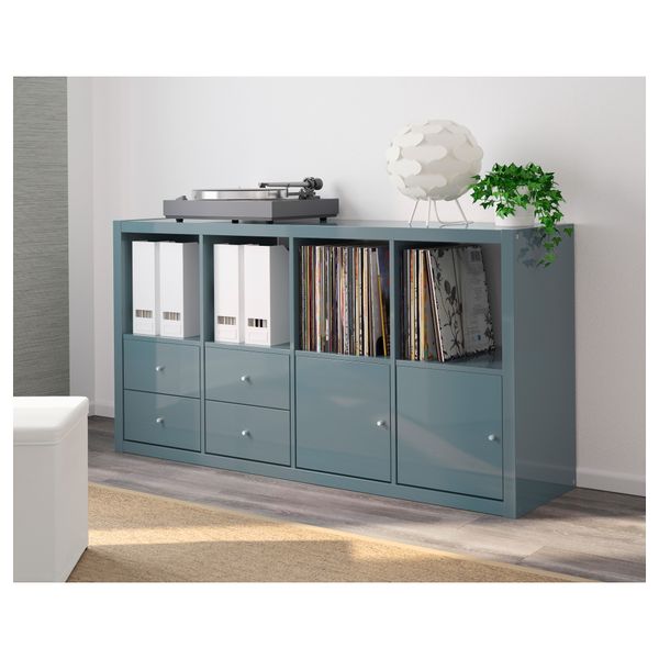 Стеллаж с 4 вставками КАЛЛАКС, глянцевый серо-бирюзовый (147x77 см) - схема-чертеж с размерами