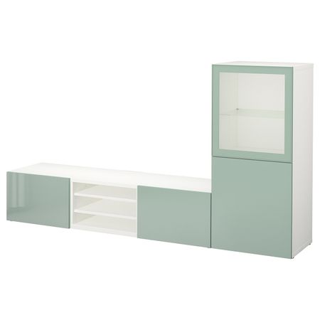 Шкаф для ТВ, комбинированный, стекляные дверцы, белый Сельсвикен, глянцевый/серо-зеленый светлый прозрачное стекло, 240x40x128