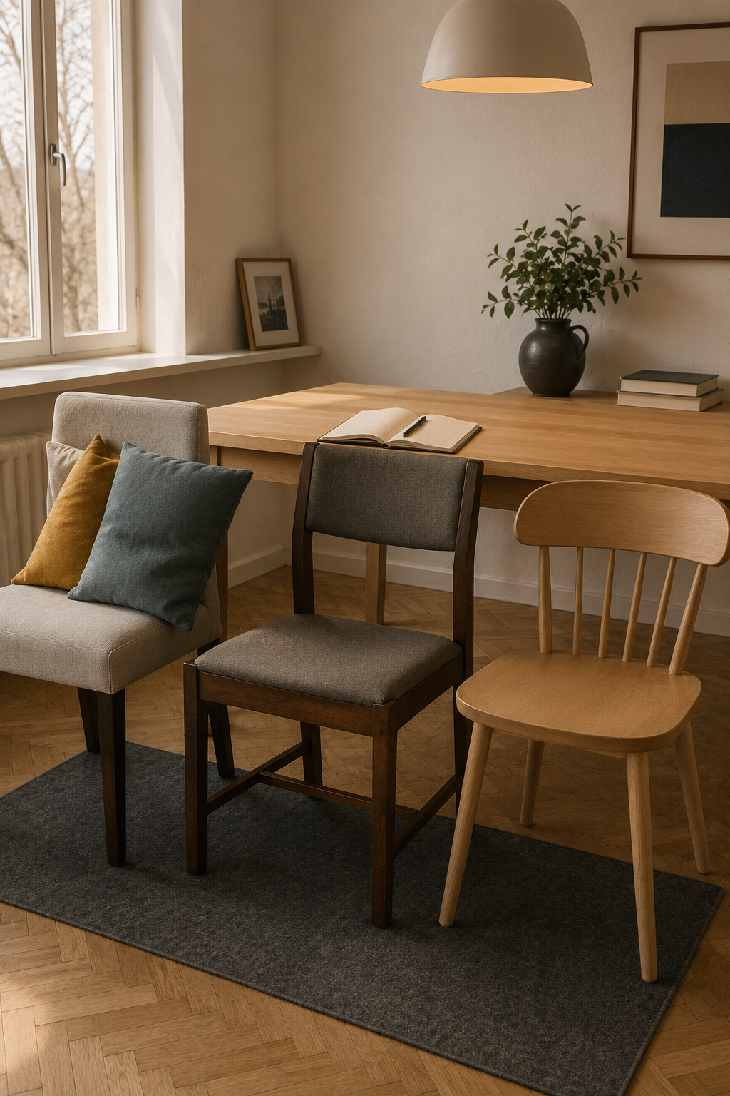 Три кухонных стула IKEA рядом для сравнения: BERGMUND, STEFAN и NORDMYRA у дубового стола