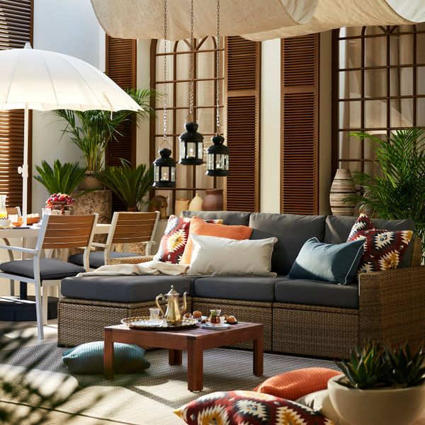 3-местный модульный диван, садовый, с табуретом для ног коричневый/ФРЁСЁН/ДУВХОЛЬМЕН темно-серый 223x144x88 см IKEA SOLLERÖN - фото 2