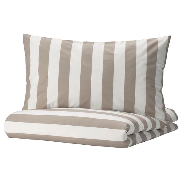 Пододеяльник и наволочка, белый бежевый/полоска 150x200/50x70 см IKEA BÄRALM БЭРАЛМ 004.905.79 - фото 1