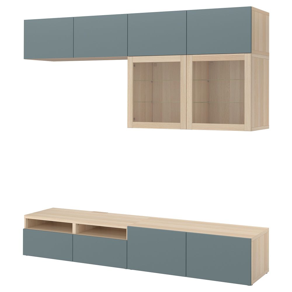 Шкаф для ТВ, комбинированный, стекляные дверцы БЕСТО, под беленый дуб, Вальвикен серо-бирюзовый, прозрачное стекло (240x40x230 - фото 1