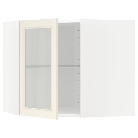 Угловой навесной шкаф с полками, стекляными дверцами МЕТОД, белый, Хитарп белый с оттенком