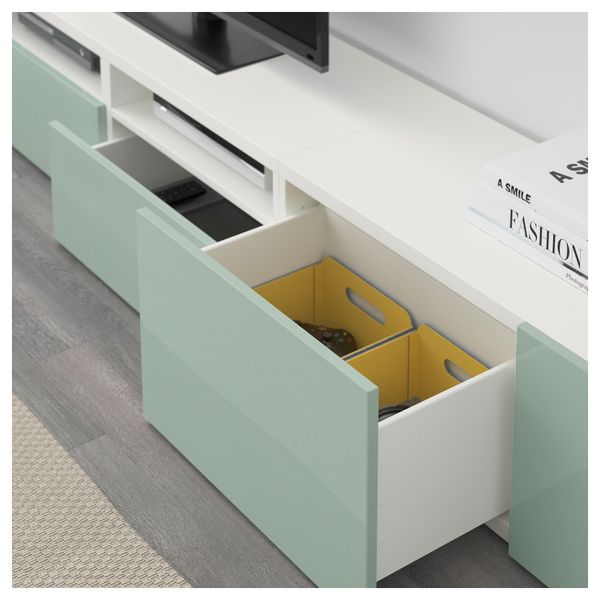 Шкаф для ТВ, комбинированный, стекляные дверцы БЕСТО, белый Сельсвикен, глянцевый/серо-зеленый светлый прозрачное стекло - фото 3