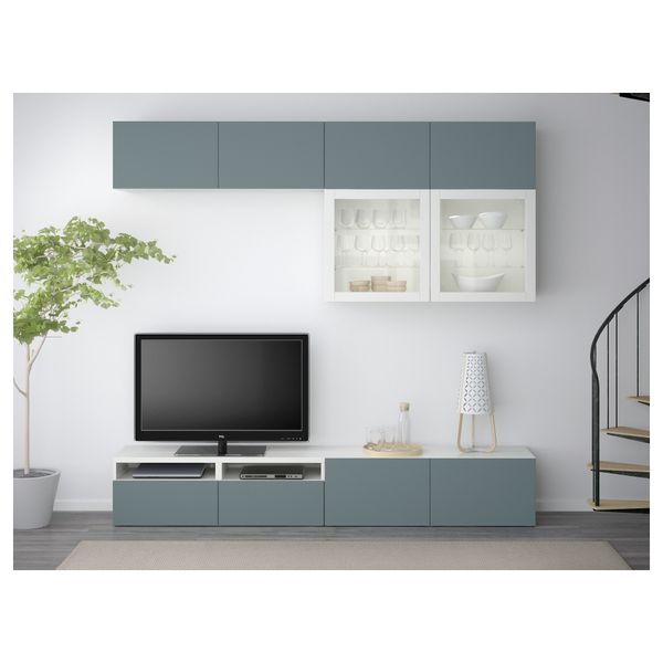 Шкаф для ТВ, комбинированный, стекляные дверцы БЕСТО, белый, Вальвикен серо-бирюзовый, прозрачное стекло (240x40x230 см) - схема-чертеж с размерами