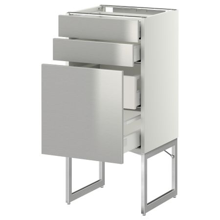 Напольный шкаф 3 фронтальных панели, 2 нижних, 2 средних ящика МЕТОД / МАКСИМЕРА, белый, Гревста нержавеющ сталь