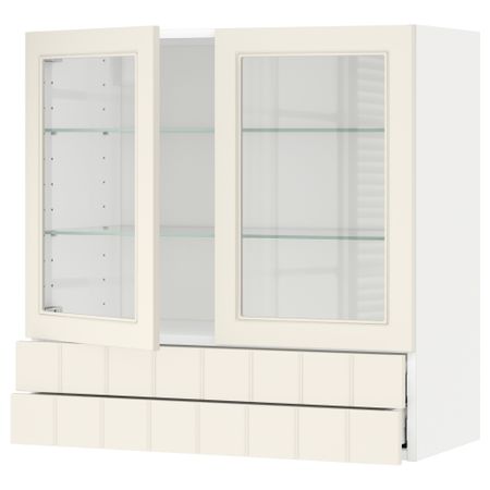 Навесной шкаф, 2 стеклянные дверцы, 2 ящика МЕТОД / МАКСИМЕРА, белый, Хитарп белый с оттенком