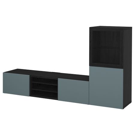 Шкаф для ТВ, комбинированный, стекляные дверцы БЕСТО, черно-коричневый, Вальвикен серо-бирюзовый, прозрачное стекло (240x40x128