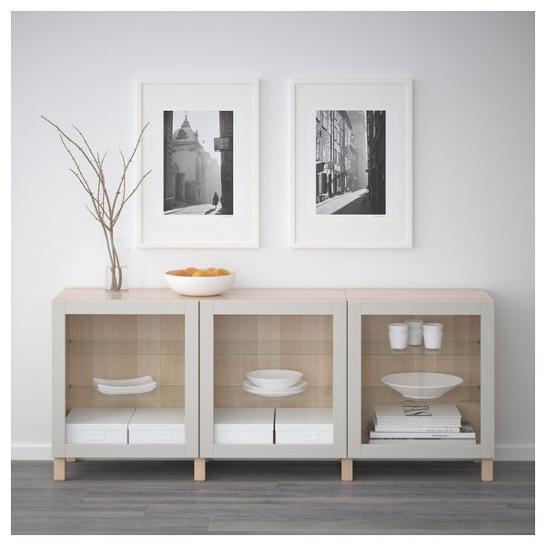 Комбинация для хранения с дверцами БЕСТО, под беленый дуб, Синдвик светло-серый прозрачное стекло (180x40x74 см) - схема-чертеж с размерами