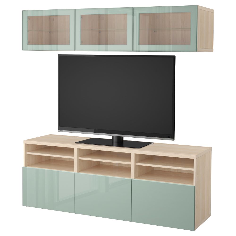 Шкаф для ТВ, комбинированный, стекляные дверцы БЕСТО, под беленый дуб Сельсвикен, глянцевый/серо-зеленый светлый прозрачное - фото 1
