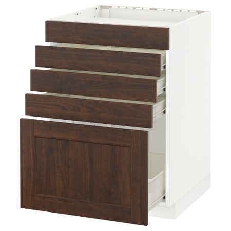 Напольный шкаф для варочной панели, 5 фасадов, 4 ящиков МЕТОД / ФОРВАРА, белый, Эдсерум коричневый
