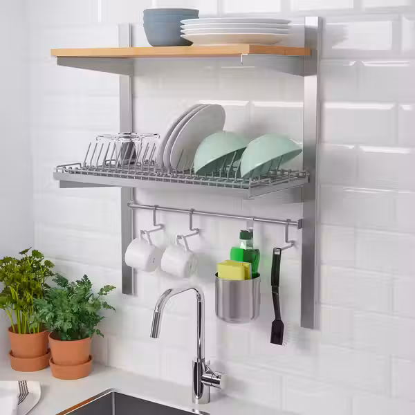 KUNGSFORS Накладн шина+полка/рейлинг/сушилка - нержавеющ сталь/ясень - схема-чертеж с размерами