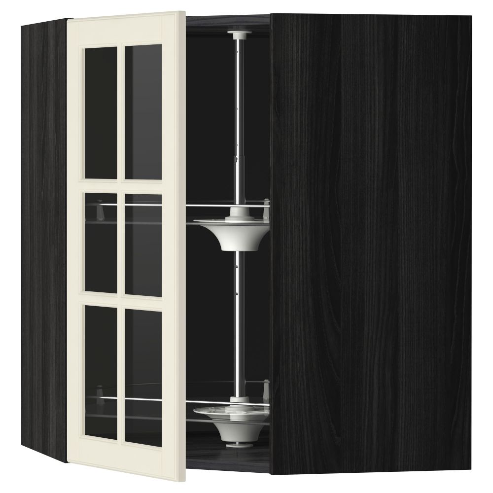 Угловой навесной шкаф с вращающающейся секцией, стеклянными дверцами МЕТОД, черный, Будбин белый с оттенком - схема-чертеж с размерами