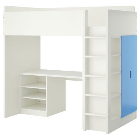 Кровать-чердак, 2 полки, 2 дверцы СТУВА, белый, синий (207x99x193 см)