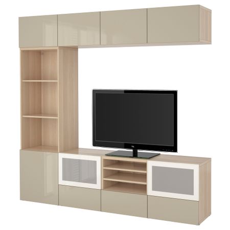 Шкаф для ТВ, комбинированный, стекляные дверцы БЕСТО, под беленый дуб, Сельсвикен глянцевый/бежевый матовое стекло (240x40x230