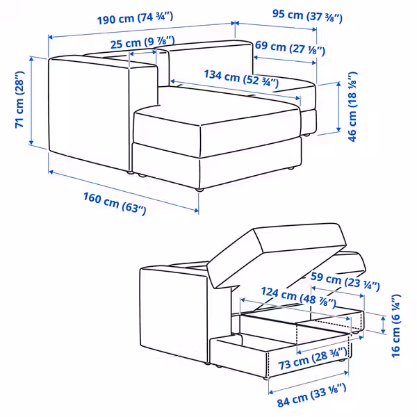 JÄTTEBO 2,5-местный модульный диван+козетка - левый/Tonerud серый - схема-чертеж с размерами