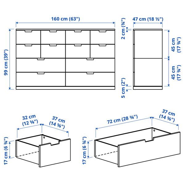 Комод с 12 ящиками, белый, 160x99 см IKEA NORDLI НОРДЛИ 592.394.91 - схема-чертеж с размерами