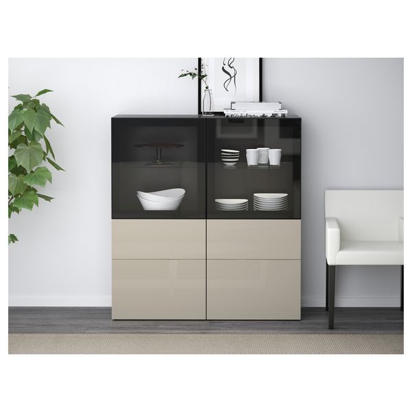 Комбинация для хранения + стеклянная дверцами, 120x40x128 см, черно-коричневый, Selsviken глянцевый, бежевый прозрачное стекло - фото 3