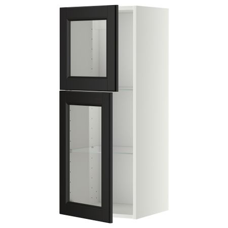 Навесной шкаф с полками, 2 стекло дверцы МЕТОД, белый, Лаксарби черно-коричневый (40x100 см)
