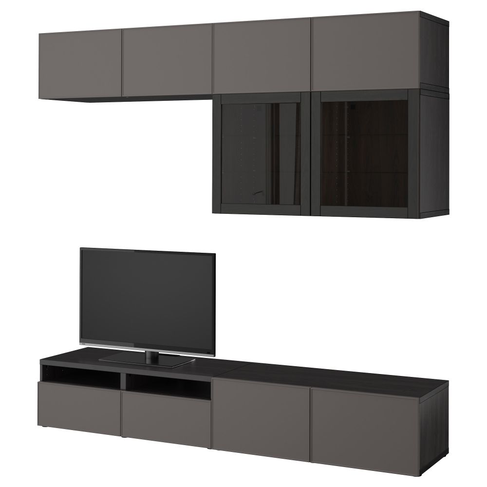 Шкаф для ТВ, комбинированный, стекляные дверцы БЕСТО, черно-коричневый Грундсвикен, темно-серый прозрачное стекло (240x40x230 - фото 1