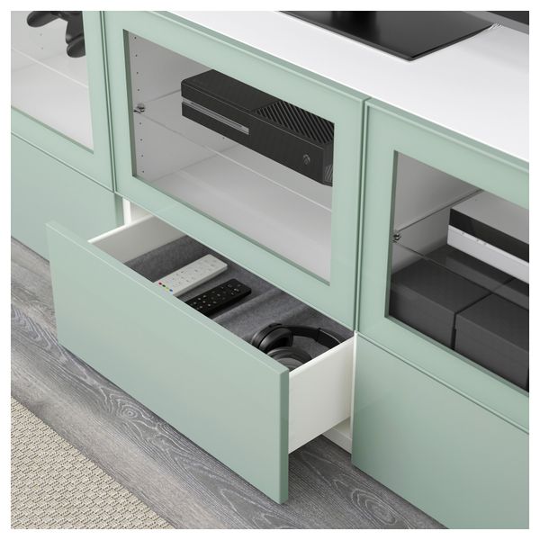 Тумба под ТВ, с дверцами и ящиками БЕСТО, белый Сельсвикен, глянцевый/серо-зеленый светлый прозрачное стекло (180x40x64 см) - фото 3