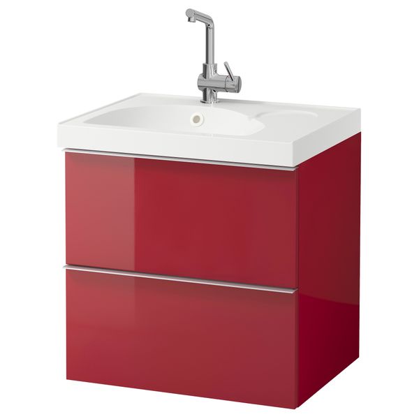Шкаф для раковины с 2 ящиками ГОДМОРГОН / ЭДЕБОВИКЕН, глянцевый красный (60x49x64 см) - фото 1