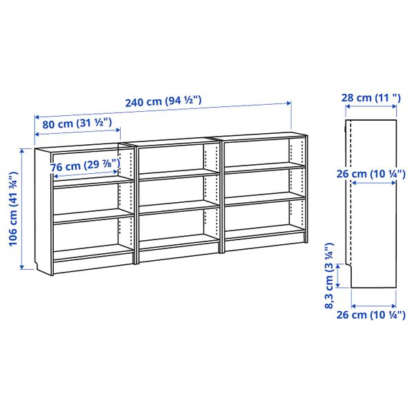 Стеллаж, коричневый ясеневый шпон 240x28x106 см IKEA BILLY БИЛЛИ 192.435.41 - схема-чертеж с размерами