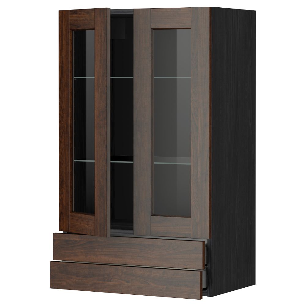 Навесной шкаф, 2 стеклянные дверцы, 2 ящика МЕТОД / МАКСИМЕРА, черный, Эдсерум коричневый - схема-чертеж с размерами