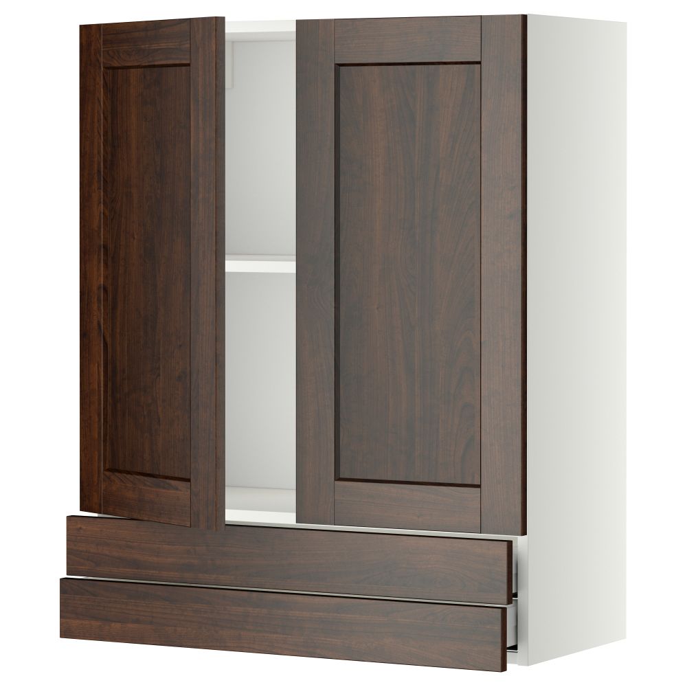Навесной шкаф, 2 дверцы, 2 ящика МЕТОД / МАКСИМЕРА, белый, Эдсерум коричневый - фото 1